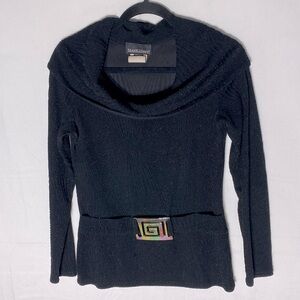 Vintage Frank Lyman Black Ribbed Knit Cowl Neck Sweater W Silver Tone Buckle 10